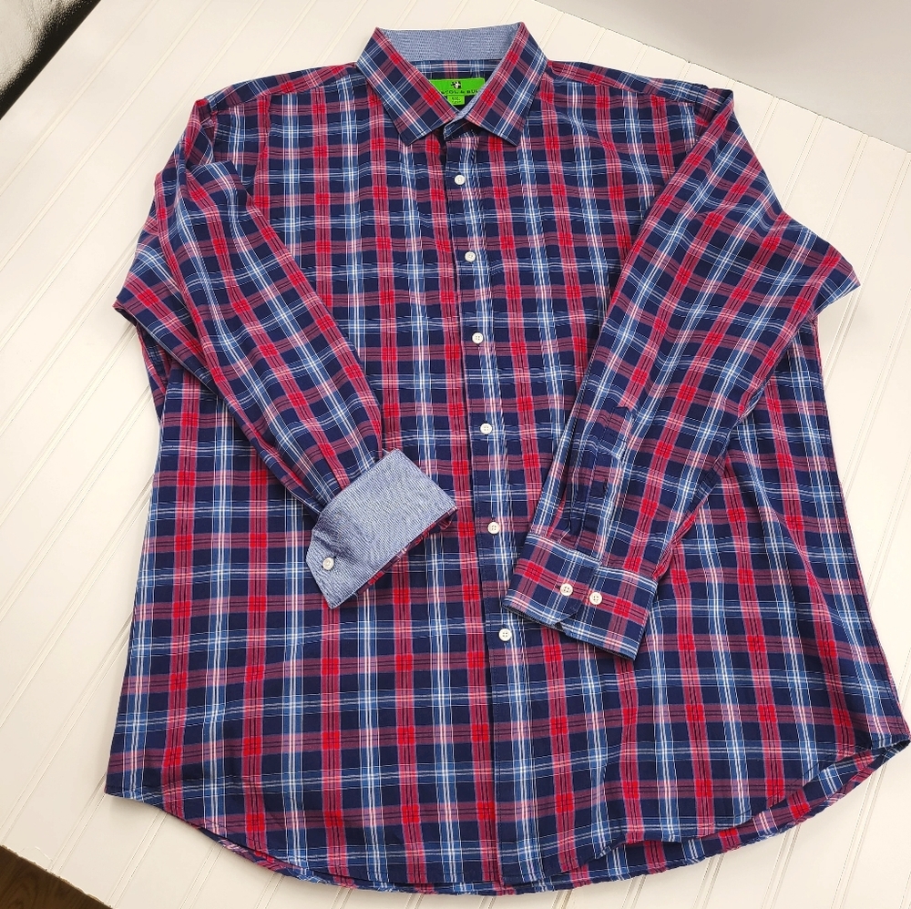 Bristol & Bull Men's Button Down Blue Red Plaid Flip Cuff 2XL 100% Cotton
